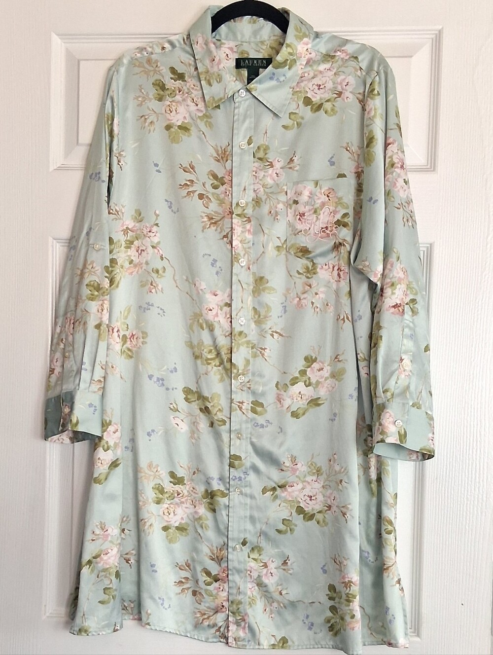 Lauren Ralph Lauren Mint Green Floral Satin Long Sleeve Button Up Shirt Gown